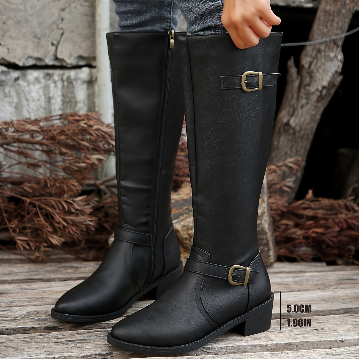 Knee-High Riding Boots Women's Black Faux Leather Buckle Side Zip – Casual, Office, Gift