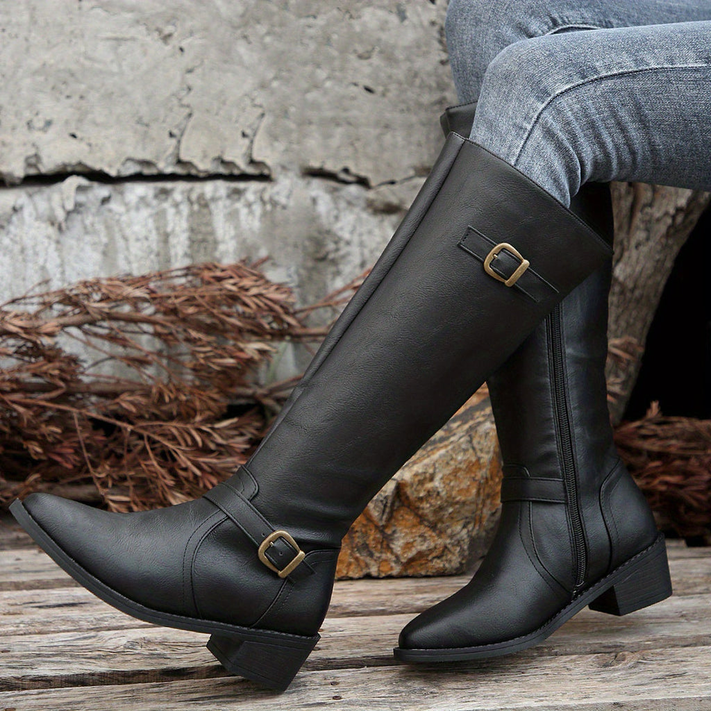 Knee-High Riding Boots Women's Black Faux Leather Buckle Side Zip – Casual, Office, Gift