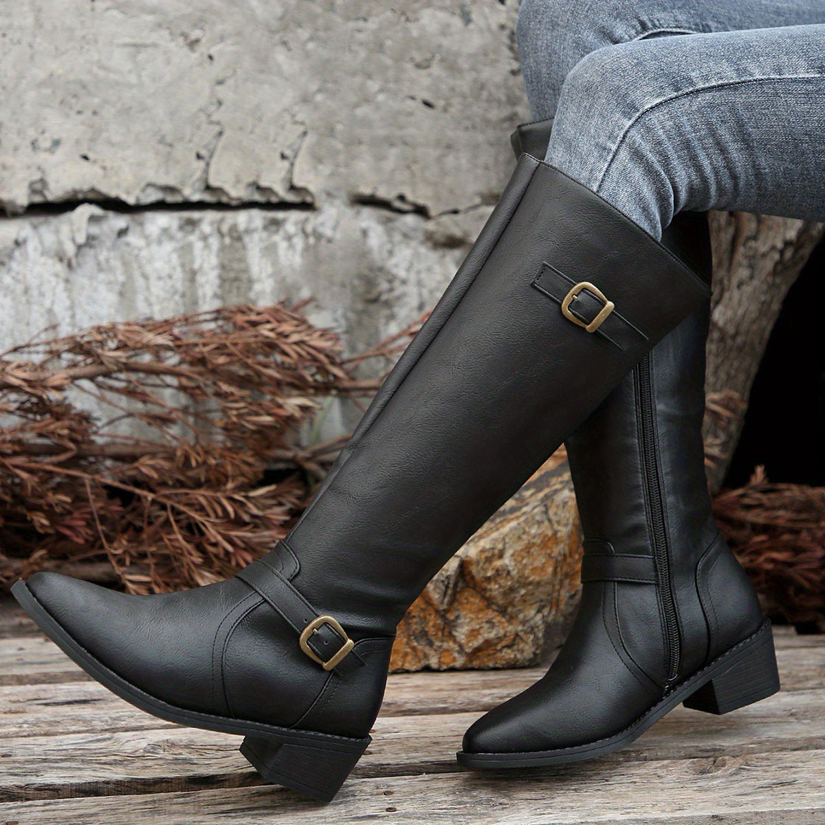 Knee-High Riding Boots Women's Black Faux Leather Buckle Side Zip – Casual, Office, Gift