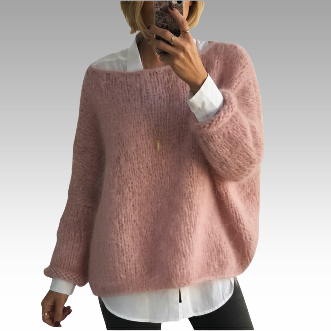 Knit Boat Neck Sweater Women's Pink Soft Fuzzy Oversized Pullover – Casual, Office, Gift