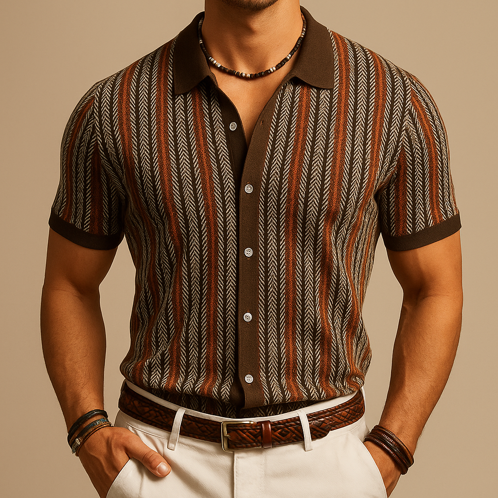Knit Button-Down Shirt Men's Navy Blue Herringbone Short Sleeve – Casual, Office