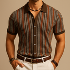 Knit Button-Down Shirt Men's Navy Blue Herringbone Short Sleeve – Casual, Office