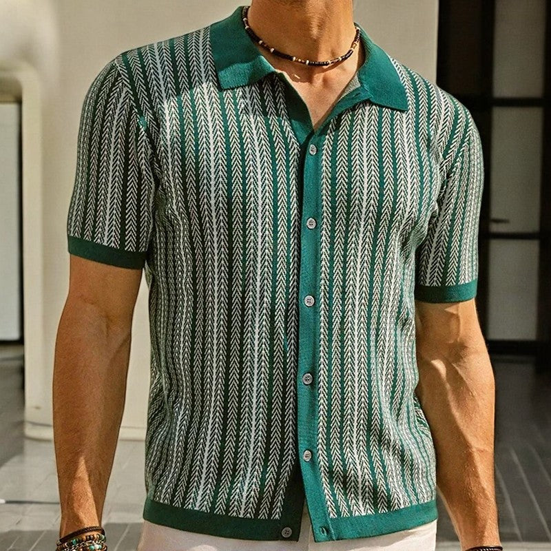 Knit Button-Down Shirt Men's Navy Blue Herringbone Short Sleeve – Casual, Office