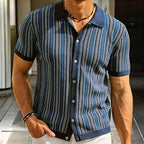 Knit Button-Down Shirt Men's Navy Blue Herringbone Short Sleeve – Casual, Office
