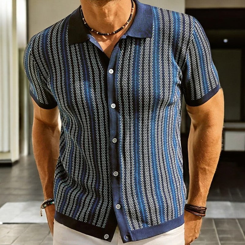 Knit Button-Down Shirt Men's Navy Blue Herringbone Short Sleeve – Casual, Office