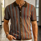 Knit Button-Down Shirt Men's Navy Blue Herringbone Short Sleeve – Casual, Office