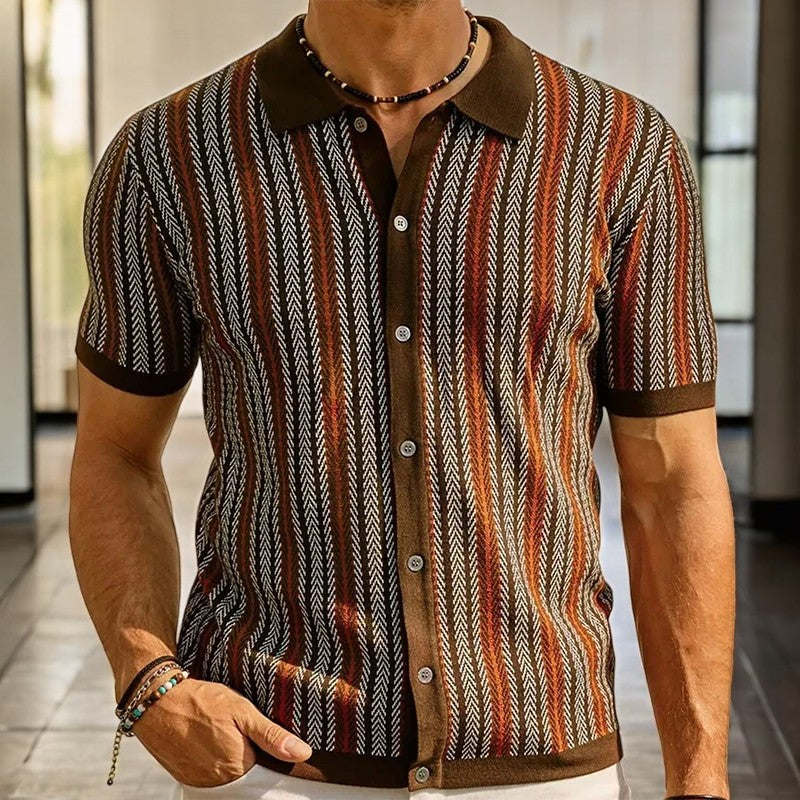Knit Button-Down Shirt Men's Navy Blue Herringbone Short Sleeve – Casual, Office