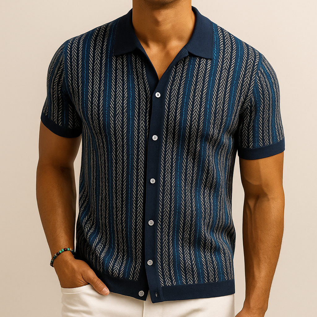 Knit Button-Down Shirt Men's Navy Blue Herringbone Short Sleeve – Casual, Office