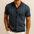 Knit Button-Down Shirt Men's Navy Blue Herringbone Short Sleeve – Casual, Office