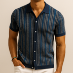 Knit Button-Down Shirt Men's Navy Blue Herringbone Short Sleeve – Casual, Office