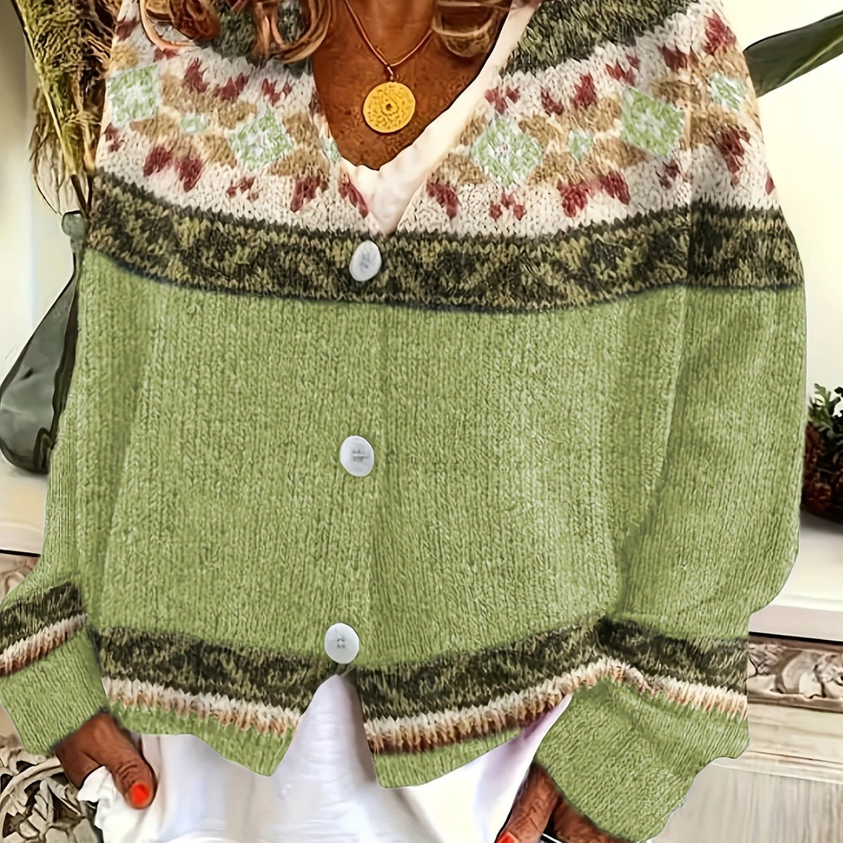 Knit Button-Front Cardigan Women's Aztec Pattern Long Sleeve V-Neck Sweater – Casual, Fall Layering