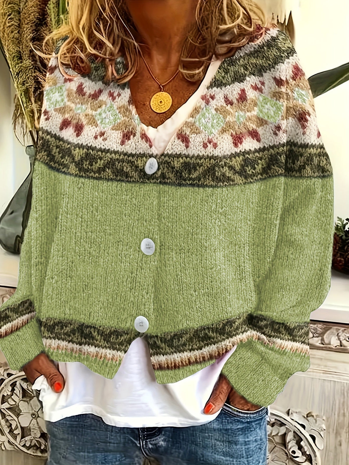 Knit Button-Front Cardigan Women's Aztec Pattern Long Sleeve V-Neck Sweater – Casual, Fall Layering