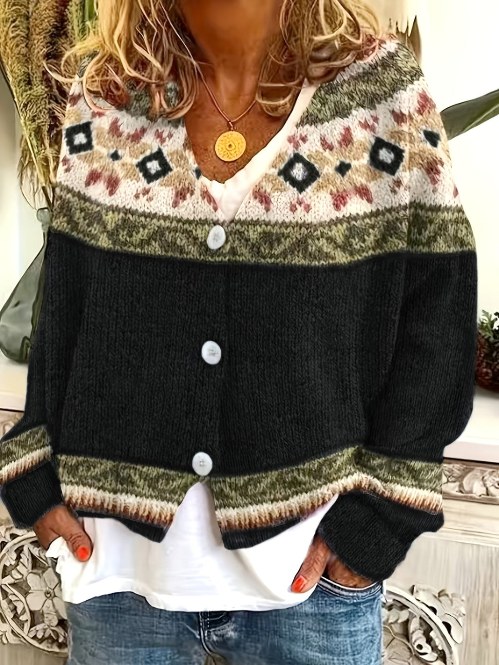 Knit Button-Front Cardigan Women's Aztec Pattern Long Sleeve V-Neck Sweater – Casual, Fall Layering