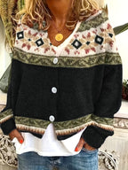 Knit Button-Front Cardigan Women's Aztec Pattern Long Sleeve V-Neck Sweater – Casual, Fall Layering