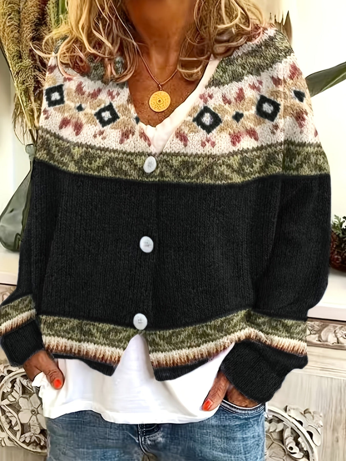Knit Button-Front Cardigan Women's Aztec Pattern Long Sleeve V-Neck Sweater – Casual, Fall Layering