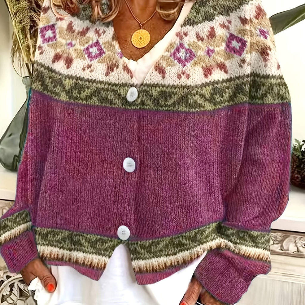 Knit Button-Front Cardigan Women's Aztec Pattern Long Sleeve V-Neck Sweater – Casual, Fall Layering