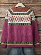 Knit Button-Front Cardigan Women's Aztec Pattern Long Sleeve V-Neck Sweater – Casual, Fall Layering