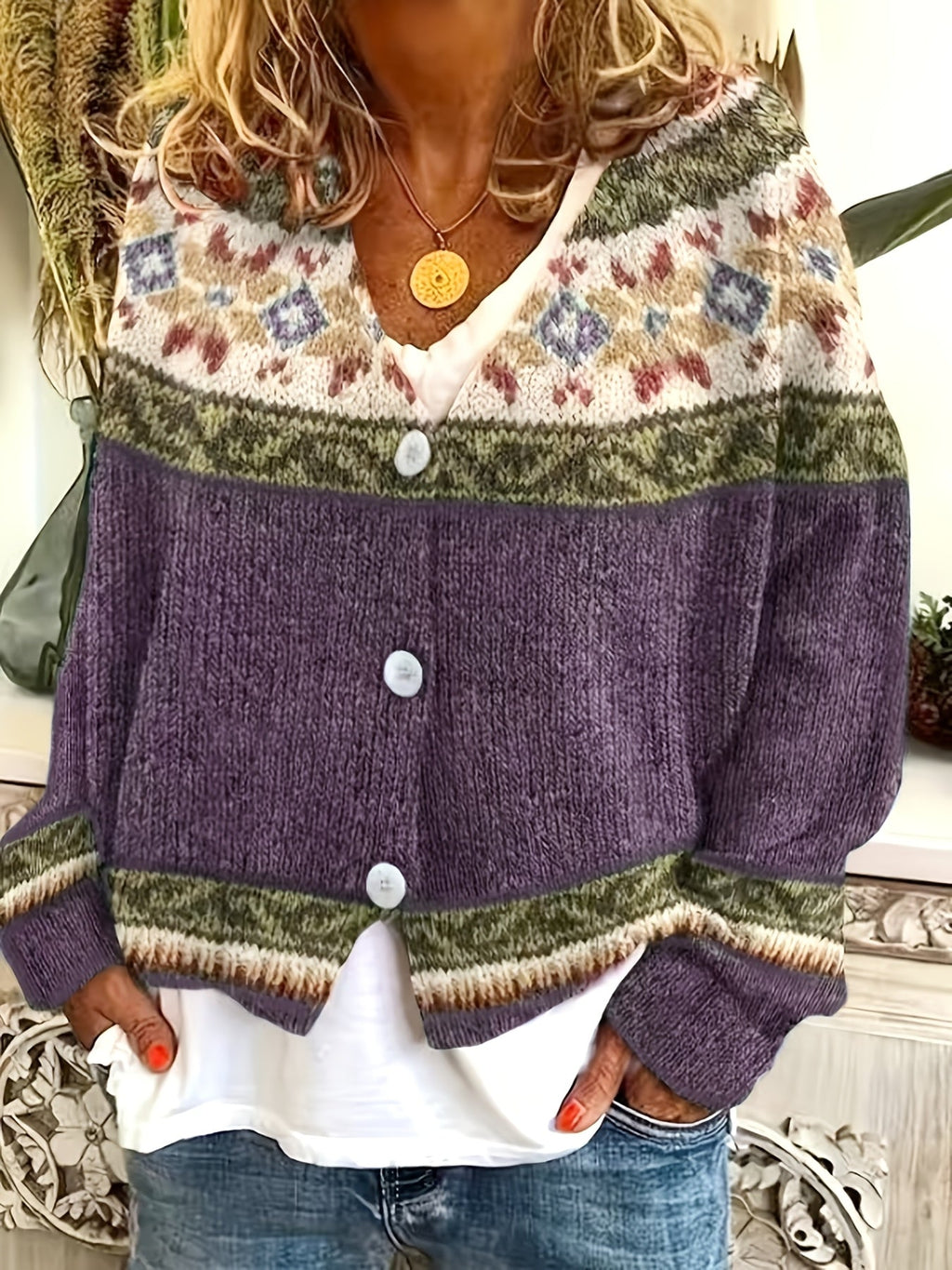 Knit Button-Front Cardigan Women's Aztec Pattern Long Sleeve V-Neck Sweater – Casual, Fall Layering