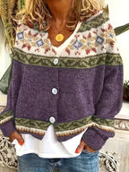 Knit Button-Front Cardigan Women's Aztec Pattern Long Sleeve V-Neck Sweater – Casual, Fall Layering