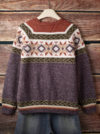 Knit Button-Front Cardigan Women's Aztec Pattern Long Sleeve V-Neck Sweater – Casual, Fall Layering