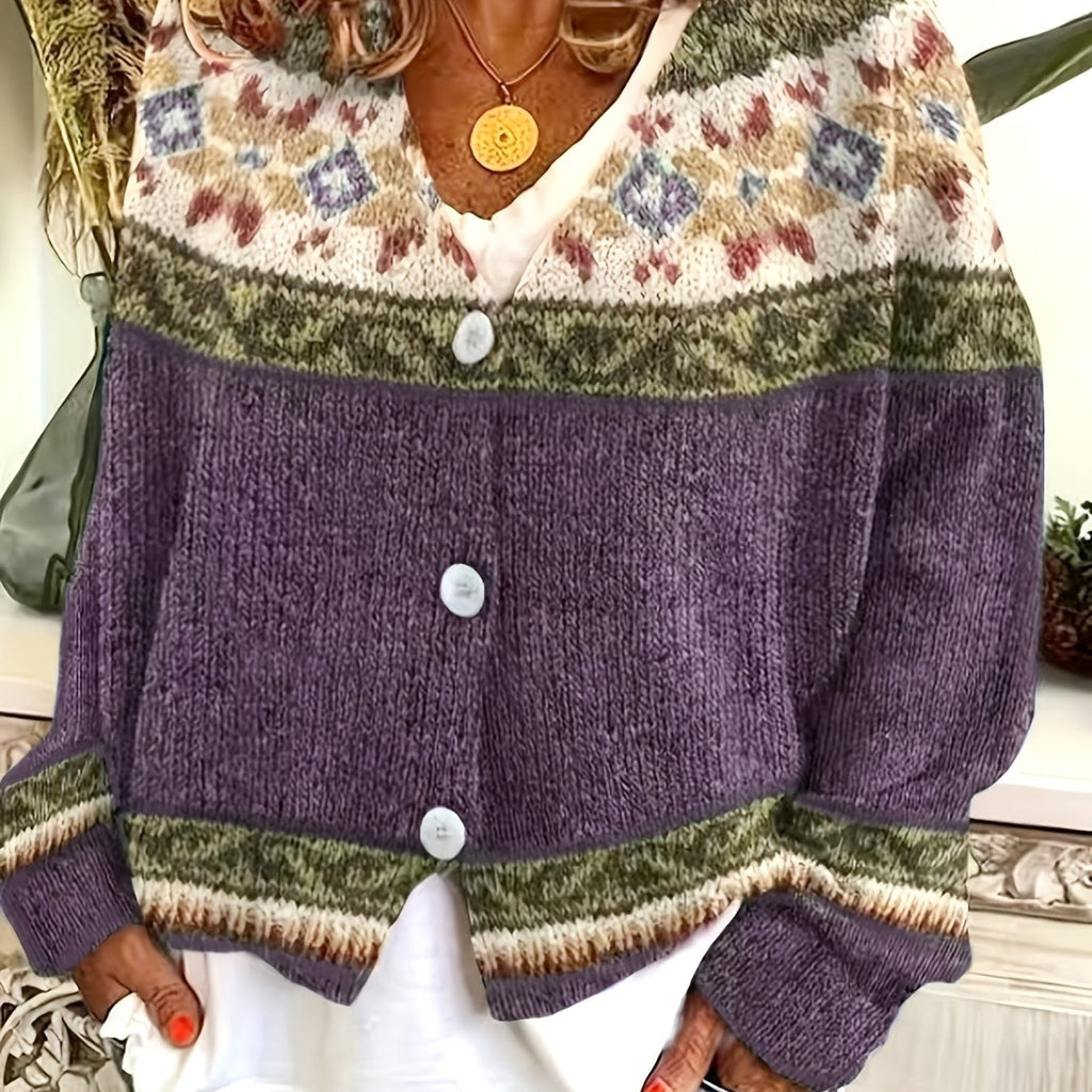 Knit Button-Front Cardigan Women's Aztec Pattern Long Sleeve V-Neck Sweater – Casual, Fall Layering