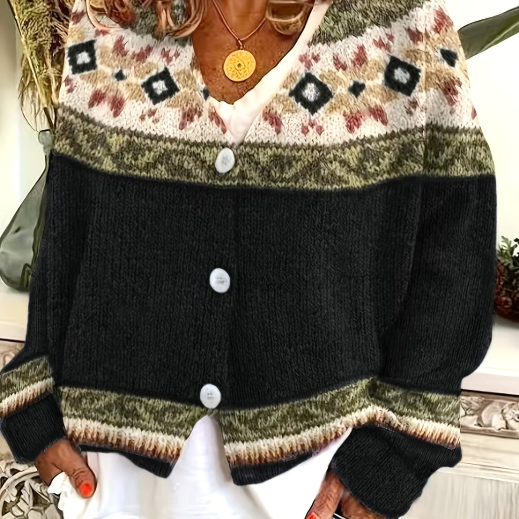 Knit Button-Front Cardigan Women's Aztec Pattern Long Sleeve V-Neck Sweater – Casual, Fall Layering