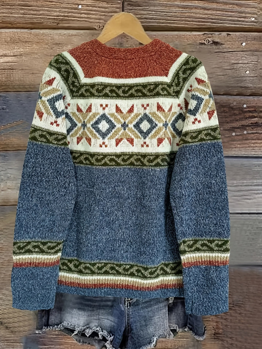 Knit Button-Front Cardigan Women's Aztec Pattern Long Sleeve V-Neck Sweater – Casual, Fall Layering