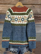 Knit Button-Front Cardigan Women's Aztec Pattern Long Sleeve V-Neck Sweater – Casual, Fall Layering