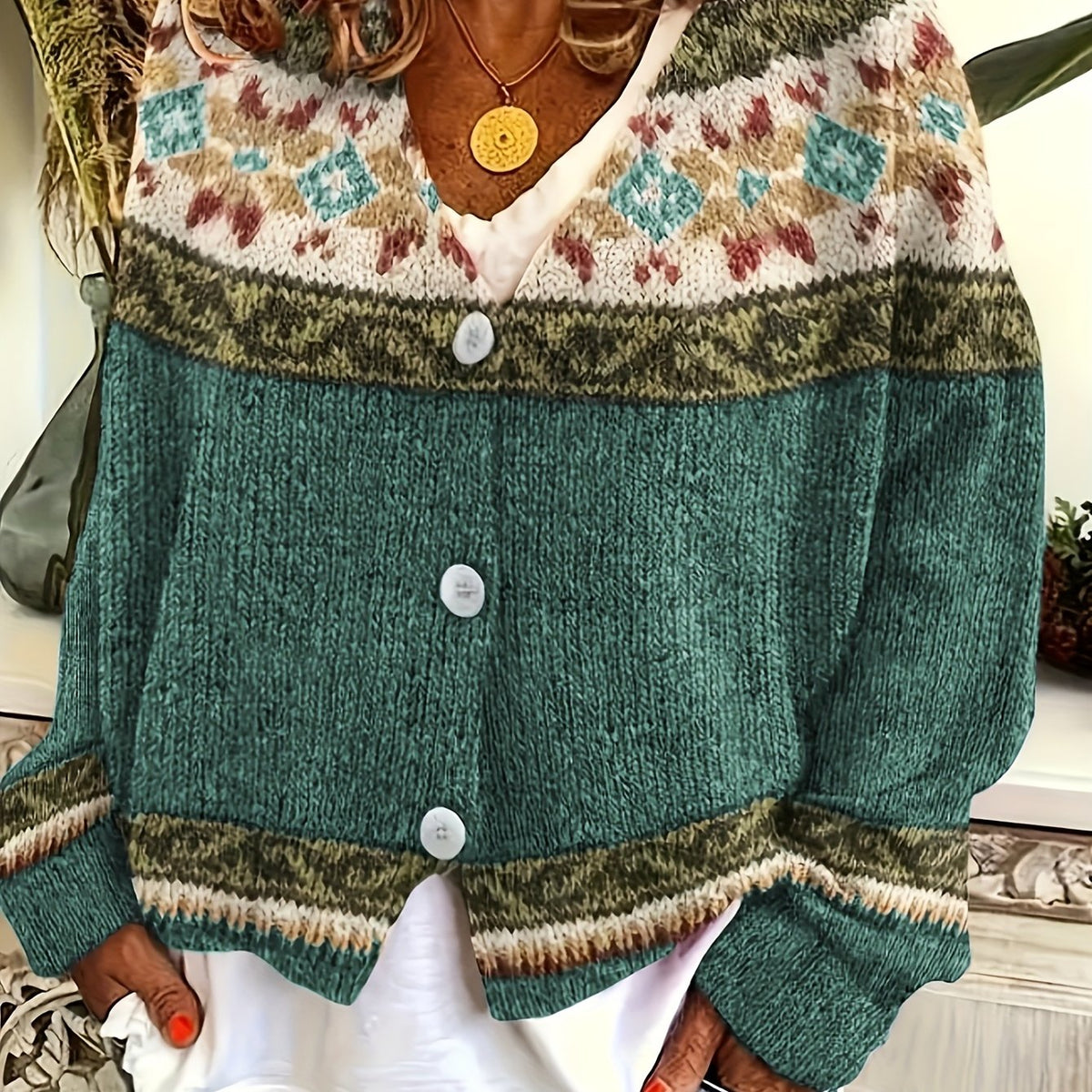 Knit Button-Front Cardigan Women's Aztec Pattern Long Sleeve V-Neck Sweater – Casual, Fall Layering