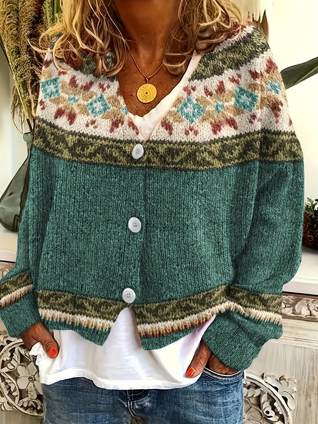 Knit Button-Front Cardigan Women's Aztec Pattern Long Sleeve V-Neck Sweater – Casual, Fall Layering