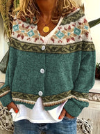 Knit Button-Front Cardigan Women's Aztec Pattern Long Sleeve V-Neck Sweater – Casual, Fall Layering