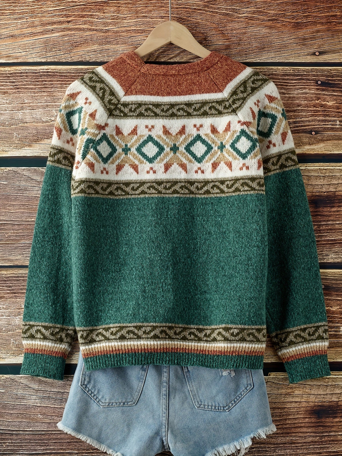 Knit Button-Front Cardigan Women's Aztec Pattern Long Sleeve V-Neck Sweater – Casual, Fall Layering