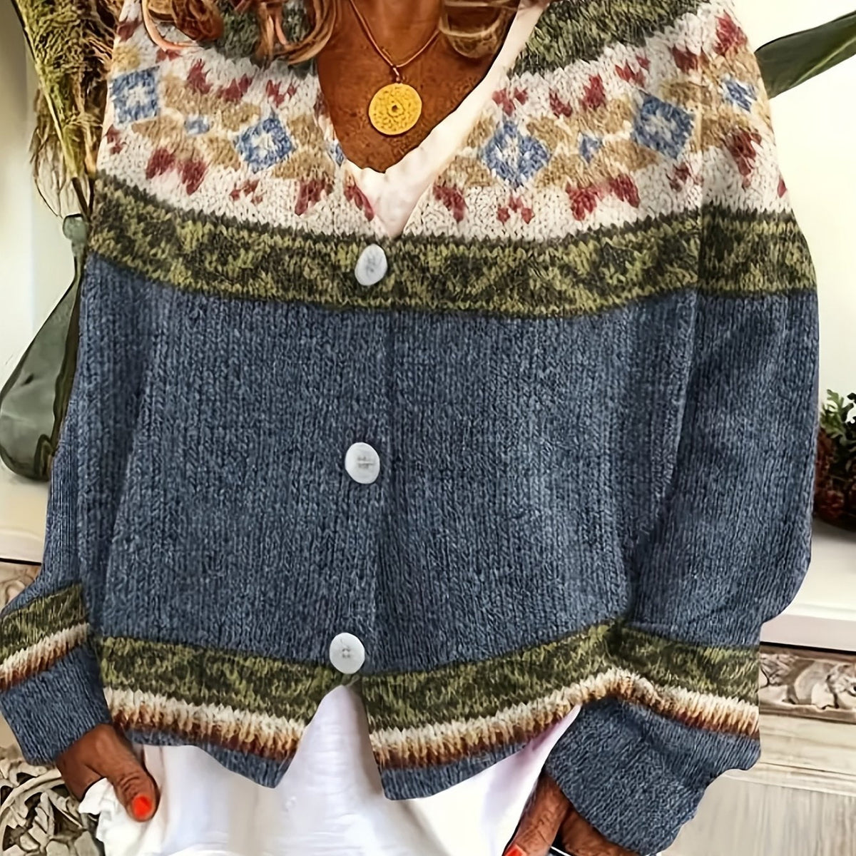 Knit Button-Front Cardigan Women's Aztec Pattern Long Sleeve V-Neck Sweater – Casual, Fall Layering