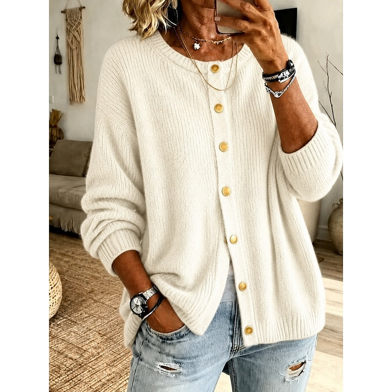 Knit Button-Front Cardigan Women's Pink Long Sleeve Ribbed Crew Neck Sweater – Casual, Office