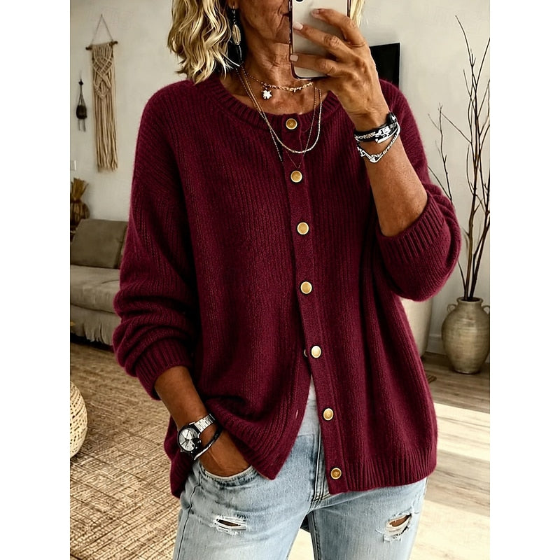 Knit Button-Front Cardigan Women's Pink Long Sleeve Ribbed Crew Neck Sweater – Casual, Office
