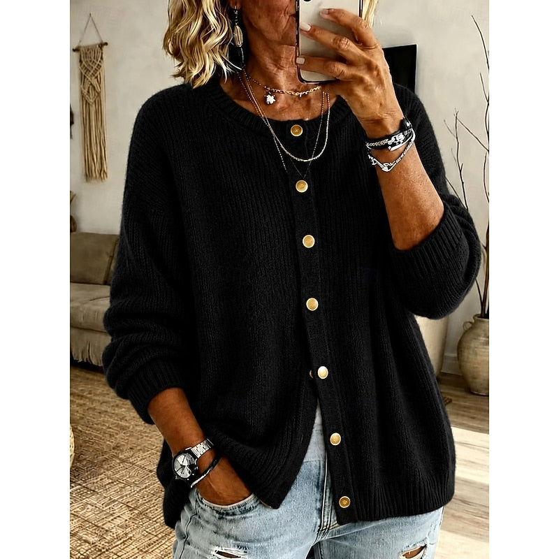 Knit Button-Front Cardigan Women's Pink Long Sleeve Ribbed Crew Neck Sweater – Casual, Office