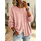 Knit Button-Front Cardigan Women's Pink Long Sleeve Ribbed Crew Neck Sweater – Casual, Office