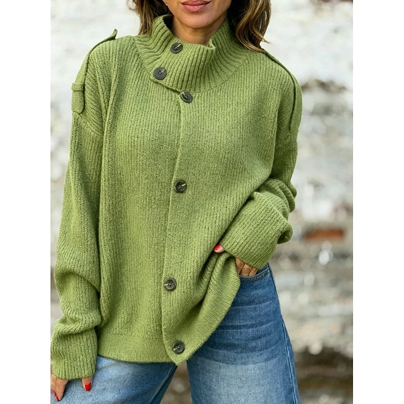 Knit Button-Front Cardigan Women's Stand Collar Long Sleeve Sweater Pink – Casual, Office