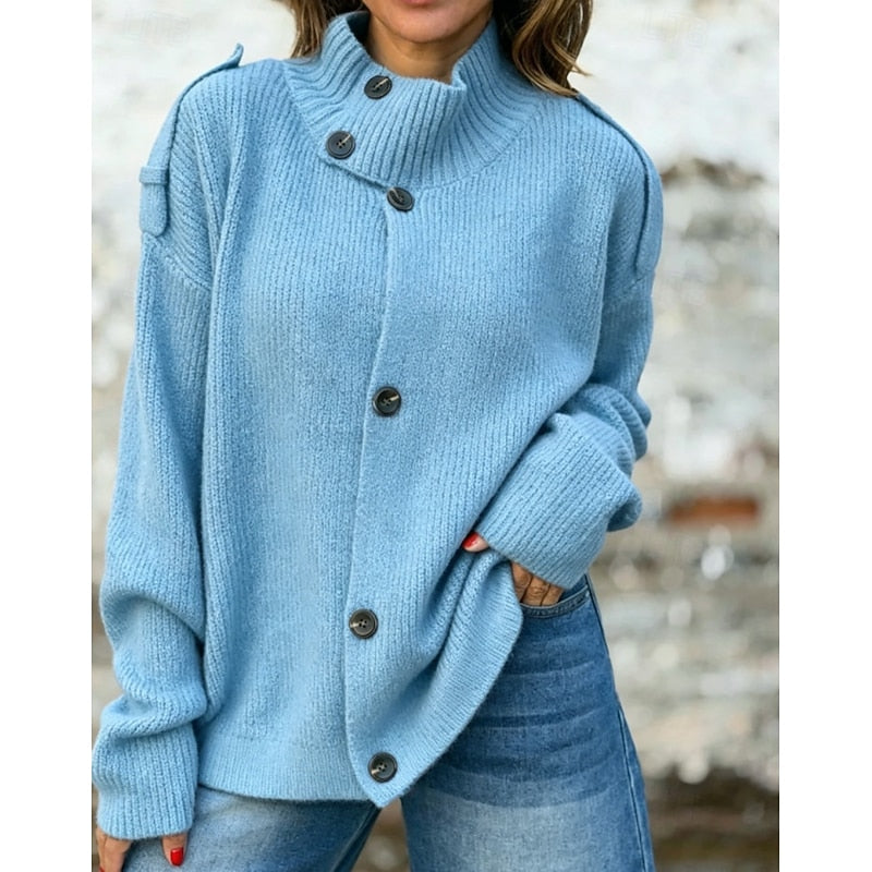 Knit Button-Front Cardigan Women's Stand Collar Long Sleeve Sweater Pink – Casual, Office