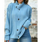 Knit Button-Front Cardigan Women's Stand Collar Long Sleeve Sweater Pink – Casual, Office