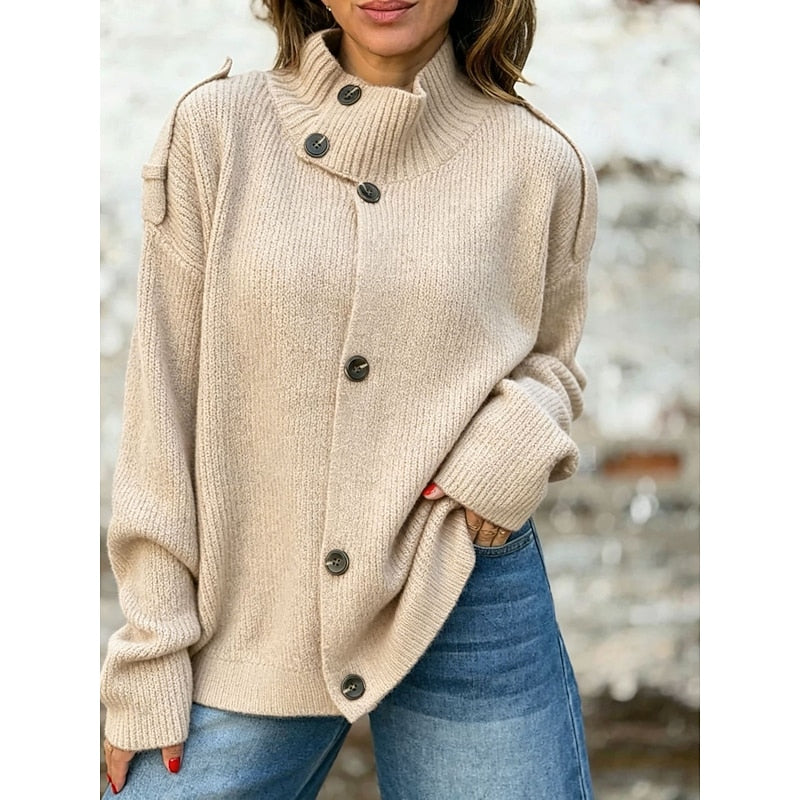 Knit Button-Front Cardigan Women's Stand Collar Long Sleeve Sweater Pink – Casual, Office