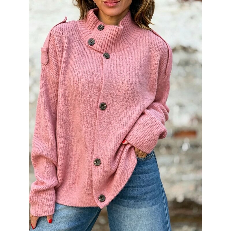 Knit Button-Front Cardigan Women's Stand Collar Long Sleeve Sweater Pink – Casual, Office
