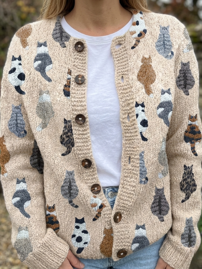 Knit Cardigan Cat Pattern Women's Button-Front Soft Sweater – Casual, Gift · Faylori