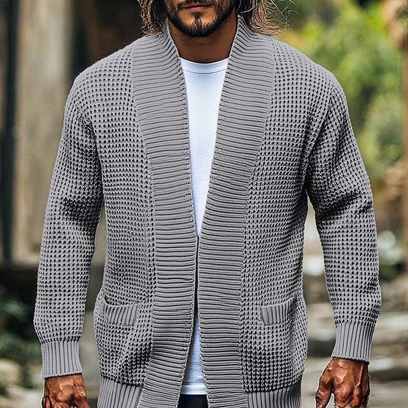 Knit Cardigan Men's Open Front Waffle Textured Sweater with Pockets – Casual, Office