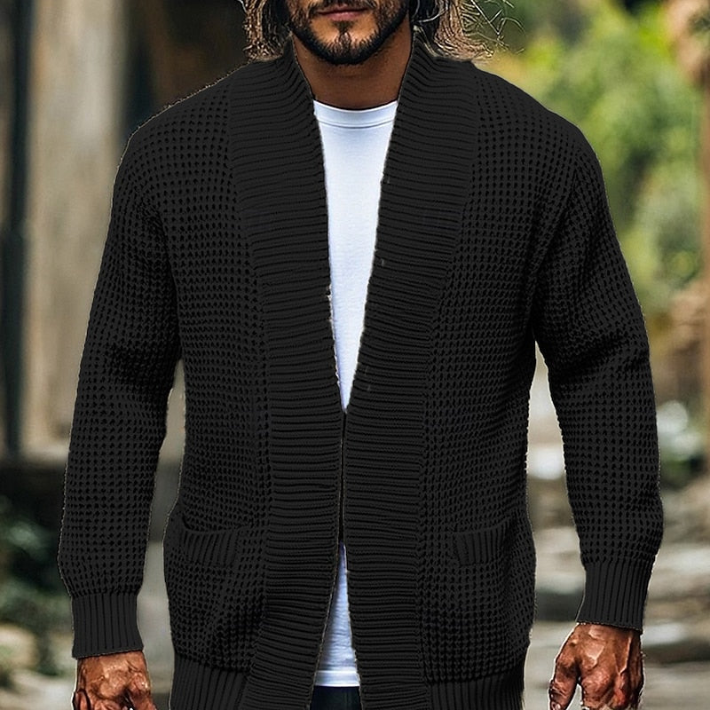 Knit Cardigan Men's Open Front Waffle Textured Sweater with Pockets – Casual, Office