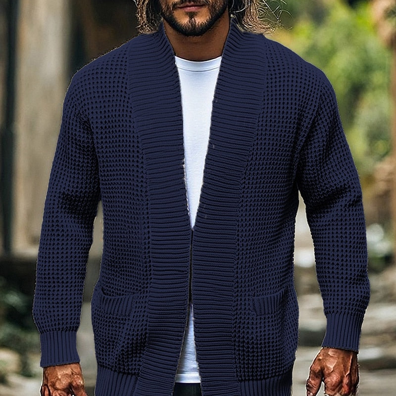Knit Cardigan Men's Open Front Waffle Textured Sweater with Pockets – Casual, Office