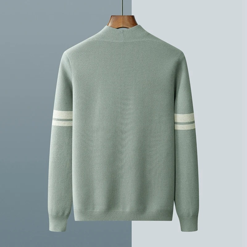 Knit Cardigan Men's Sage Green Button-Front Sweater with Stripe Sleeves – Casual, Office