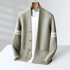 Knit Cardigan Men's Sage Green Button-Front Sweater with Stripe Sleeves – Casual, Office