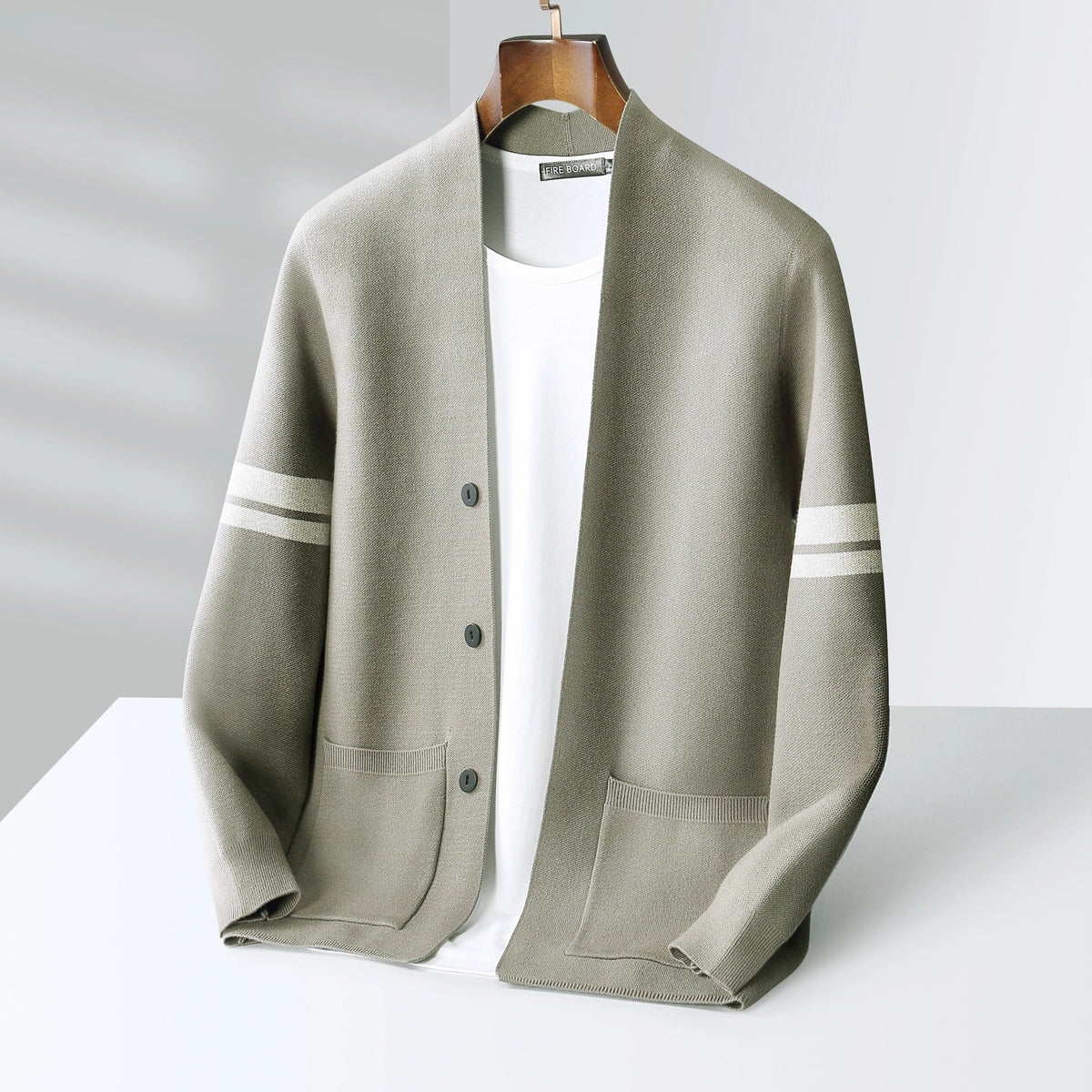 Knit Cardigan Men's Sage Green Button-Front Sweater with Stripe Sleeves – Casual, Office