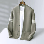 Knit Cardigan Men's Sage Green Button-Front Sweater with Stripe Sleeves – Casual, Office